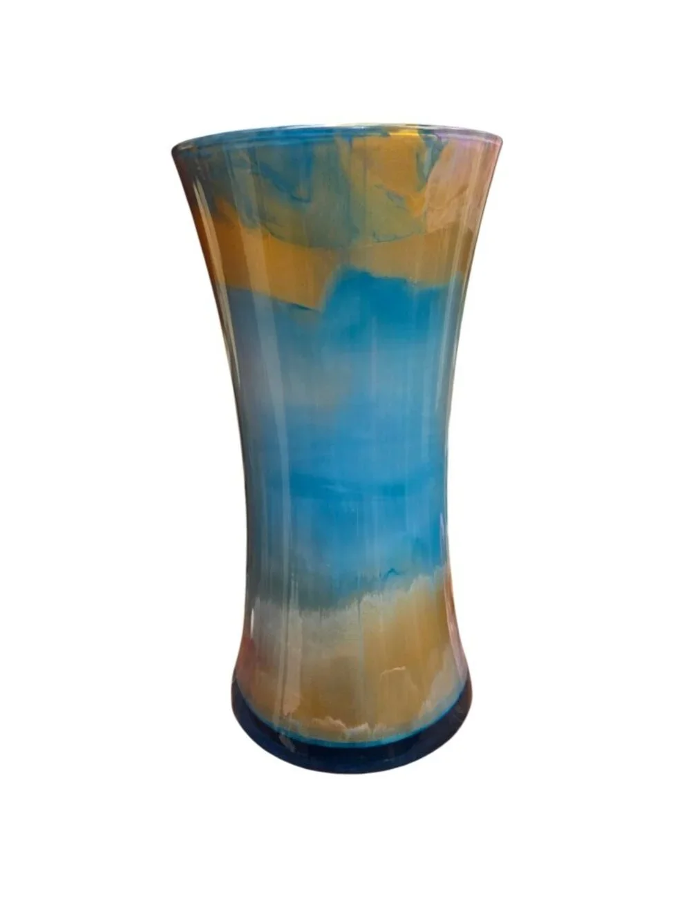Acrylic Pour Home Décor Cylinder Vase in Teal Blue and Metallic Gold, SZ 8 Inch